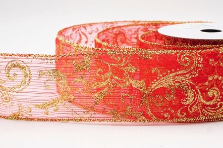Red/Gold Glitter Filigree Scroll Sheer Ribbon_KW0453G-7G